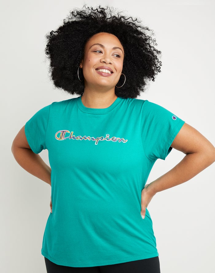 Champion Womens T-Shirt NZ - Plus Classic Brush Stroke Script Logo Turquoise ( 2745-TZHFK )